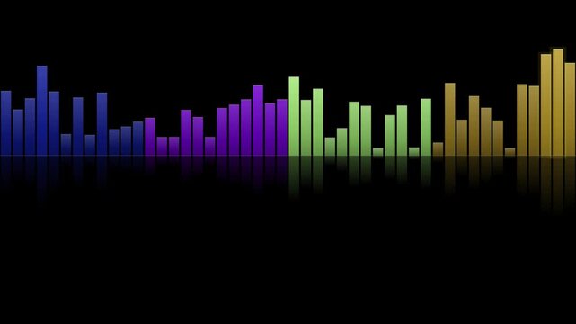 A looping audio visualizer with colorful bars reflects on a dark surface.