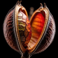 Obraz premium Macro shot of open dry seed pod revealing textured inner nut with geometric cracks. Dark brown exterior contrasts with warm orange kernel hues. Botanical specimen shows intricate organic patterns for