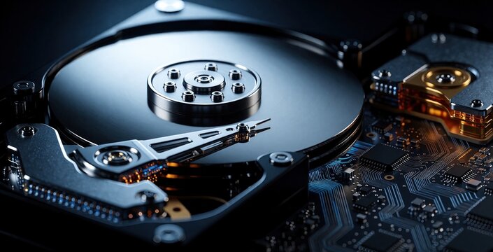 Close-up of open hard disk drive components and electronic circuit board. Data storage device technology detail with shiny metal plates and computer chip.