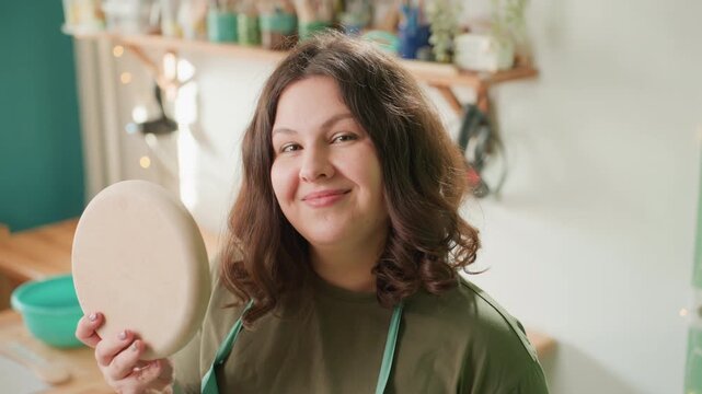 Caucasian potter presenting clay disk in studio, warm light, apron, shelves with glazes and bowls, gentle smile, calm confident pose, tabletop tools visible, artisan atmosphere, closeup portrait