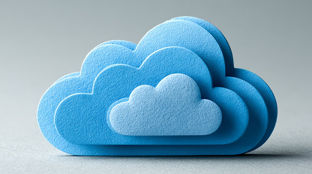 Cloud computing symbol made of layered blue paper sits on a smooth gray surface.