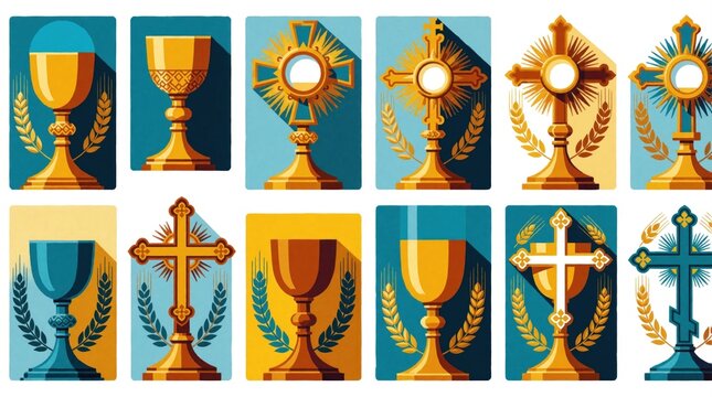 Golden chalices monstrances and crosses with wheat ears. Sacred religious objects for communion and worship. Symbols of faith hope and divine blessing.