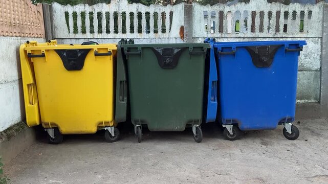 Three colorful wheelie bins stand in a row near a concrete fence outdoors. Waste sorting, recycling containers, trash collection, urban cleanup