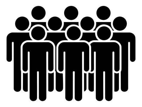 Crowd of People Silhouettes: A stark black and white graphic illustration depicts a group of stylized human figures standing together, representing community or collective action.