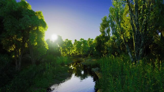 Sunrise river under clear blue sky, fresh green foliage glowing, gentle reflections on glasslike surface, pebble bank visible, crisp optimistic mood, ideal