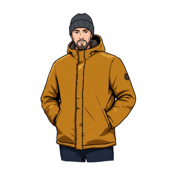 Man in mustard yellow winter jacket and beanie isolated on transparent background