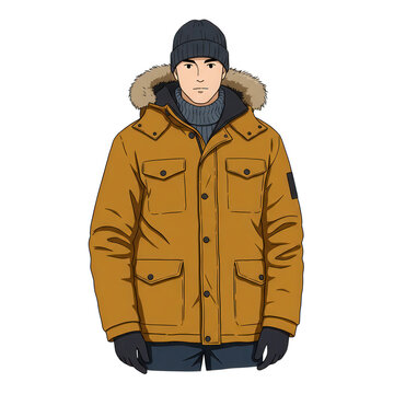 Man in mustard yellow winter parka jacket isolated on transparent background