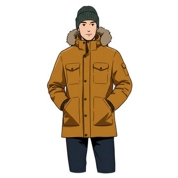 Man in mustard yellow winter parka jacket isolated on transparent background