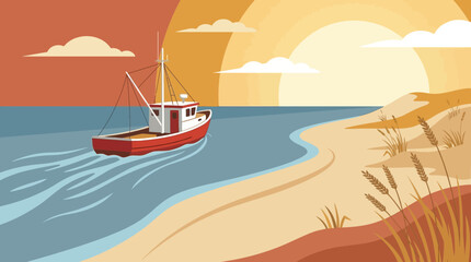 Naklejka premium Red fishing boat sailing at sunset on calm sea.