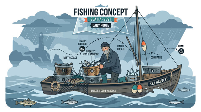 Old fisherman on wooden boat with fishing gear and nets.