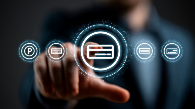 Hand selecting a credit card icon on a glowing digital interface panel.