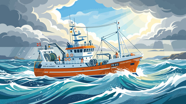 Orange fishing boat sailing on stormy sea waves.