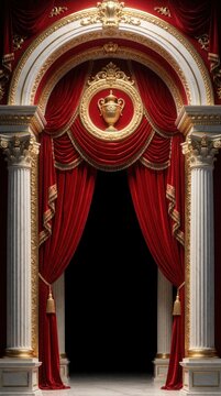 Elegant red velvet curtains with gold trim frame dark empty space. Ornate white marble columns, golden archway create luxury stage background. Classic theater decor perfect for award ceremony royal