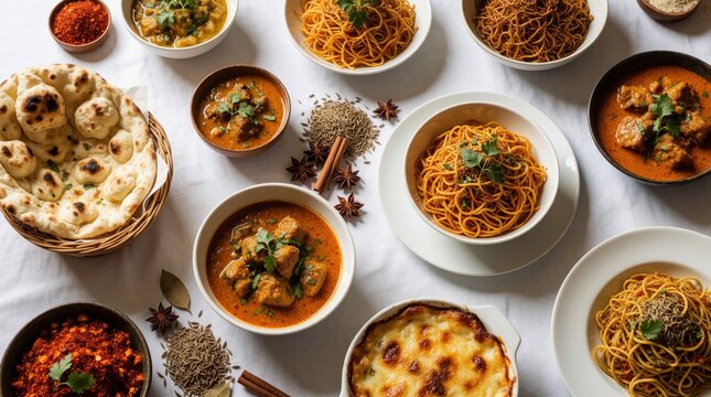 Top view of traditional Indian food spread on white tablecloth. Assorted bowls hold creamy chicken curry dal noodles bread naan, spicy seasonings. Authentic meal set for dinner buffet party in