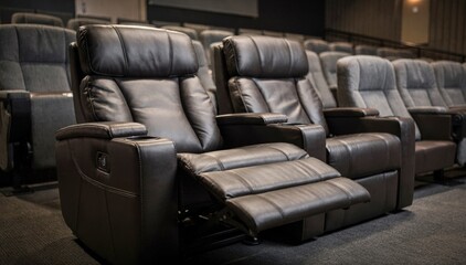 Obraz premium Luxury recliner seating row in medium focus showcasing ergonomic design and adjustable features background aisles and standard seats gently out of focus.