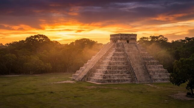 Ancient Mayan pyramid at sunset in Chichen Itza Mexico.