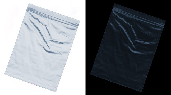 Transparent plastic ziplock bag mockup, wrinkled poly bag texture on white and black background, clear polyethylene storage pouch