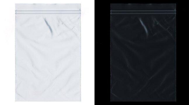 Transparent plastic zipper bag mockup set, wrinkled poly bag textures on white and black backgrounds, clear zip lock pouch for product packaging