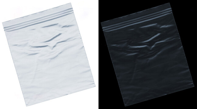 Transparent plastic ziplock bag texture, empty polyethylene pouch on white and black background, wrinkled poly bag mockup for packaging
