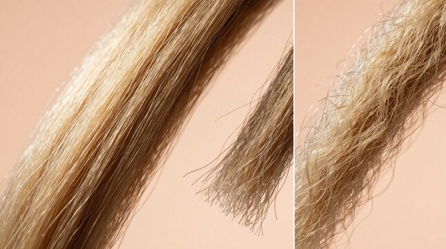 Comparison shows smooth healthy blonde hair strand next to dry damaged split ends. Texture contrast visualizes hair care needs and treatment options.