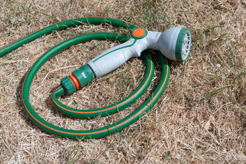 Obraz na płótnie Canvas Dried-up, sunburnt grass which has turned yellow from a lack of water, with green hose pipe with grey watering nozzle laying on the ground. The resulting condition of a British garden lawn due to the 