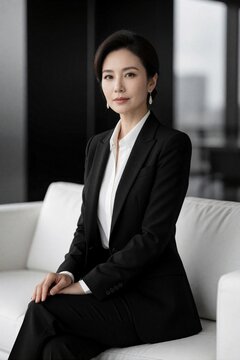 Confident Asian businesswoman in black suit sits on white sofa in modern office. Pro female executive poses for portrait in luxury corporate lobby. Successful lady manager wears formal clothes.