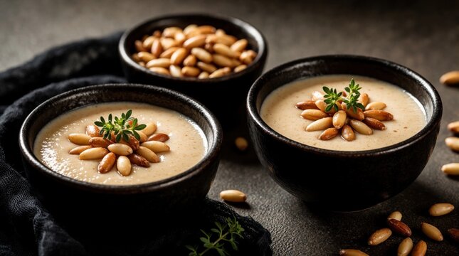 Assidat zgougou pine nut cream bowls served on dark table. Traditional tunisian dessert decorated with fresh herbs. Sweet healthy food topped with seeds for religious holiday celebration. Gourmet