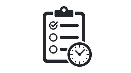 Fototapeta premium Minimalist black clipboard icon featuring a completed checkmark list and a circular clock time symbol