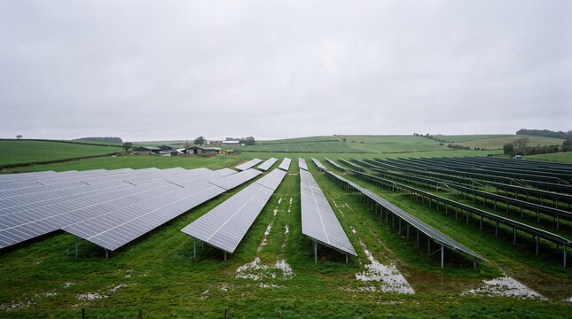 Solar cell technician inspects industrial scale solar panel farm on green field under cloudy sky with calm mood