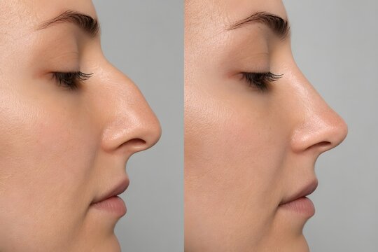 Before and after non surgical rhinoplasty dermal filler injection, nose reshaping nose job results profile view comparison