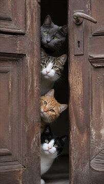 Four curious domestic cats of different colors peering through a vertical gap in a rustic wooden door