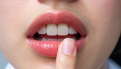 Naklejka premium Smiling Young Woman Showing Healthy White Teeth, Close-Up Beauty Portrait with Fresh Lips, Clean Skin and Dental Care Concept