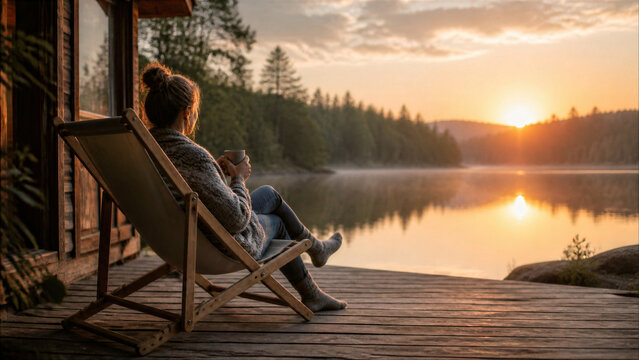 Woman sitting on a wooden deck by a misty lake at sunrise, holding a mug and enjoying the peaceful view of the forest from a cozy cabin.