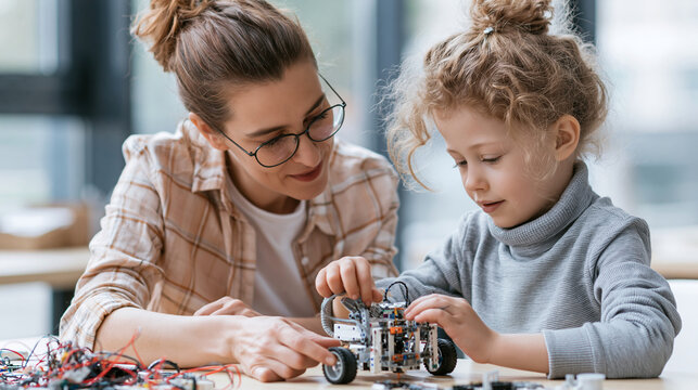 A woman and a girl working together on a robotics project, sharing a moment of learning.