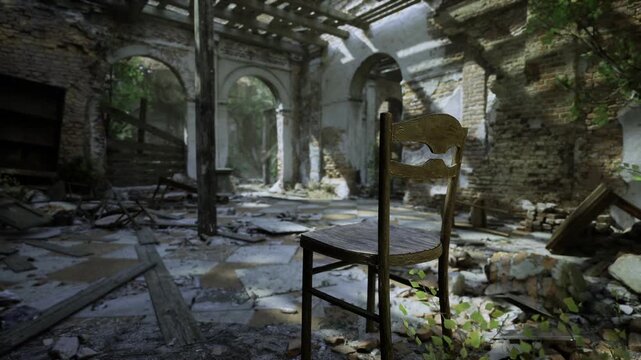 Wide ruined interior with scattered chair and sunbeams, Georgia arches and vaulted ceiling pierced by light, collapsed plaster, creeping plants and layered dust