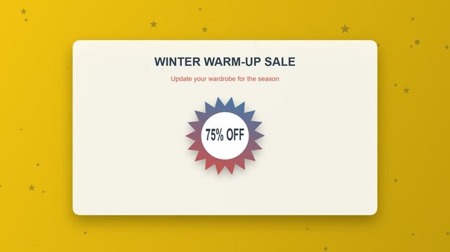 Winter warm-up sale promotion banner with seventy five percent discount animated star badge