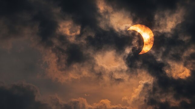 partial solar eclipse behind dramatic cloudy sky creating mysterious atmospheric scene