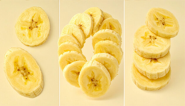 Fresh Banana Slices Collage Flat Lay Set of Ripe Fruit Cut Pieces Isolated on Pastel Yellow Background Healthy Eating Concept