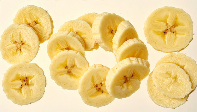 Fresh Banana Slices Collage Flat Lay Set of Ripe Fruit Cut Pieces Isolated on Pastel Yellow Background Healthy Eating Concept