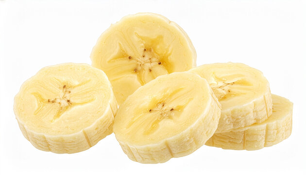Fresh Banana Slices Collage Flat Lay Set of Ripe Fruit Cut Pieces Isolated on Pastel Yellow Background Healthy Eating Concept