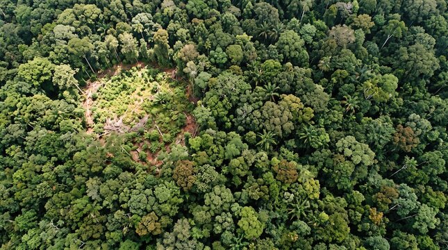 Tropical forest canopy with natural clearing from above