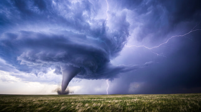wide shot of a massive supercell thunderstorm forming a destructive tornado over flat grassy plains under dark stormy skies