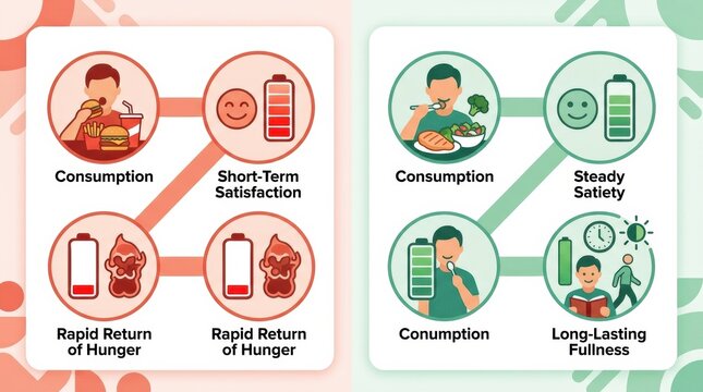 A comparison of junk food and healthy eating. It illustrates how each affects satiety and hunger over time, guiding food choices.