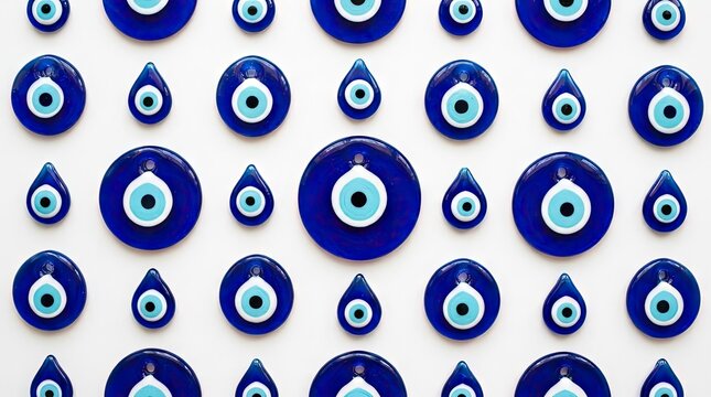 Repeating pattern of blue Turkish evil eye amulets.