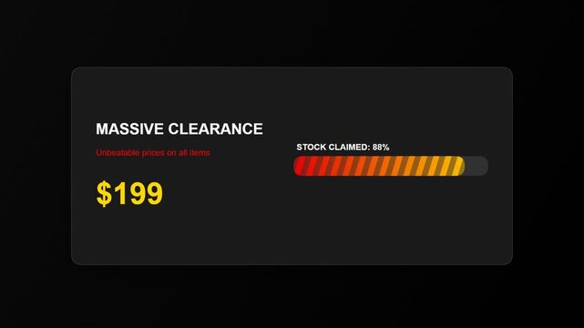 Massive clearance sale banner with a dynamic progress bar showing stock availability status