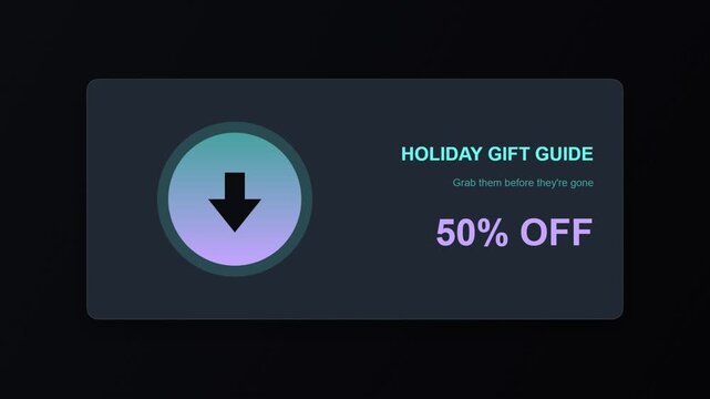 Holiday gift guide banner with fifty percent discount promotion and animated download button