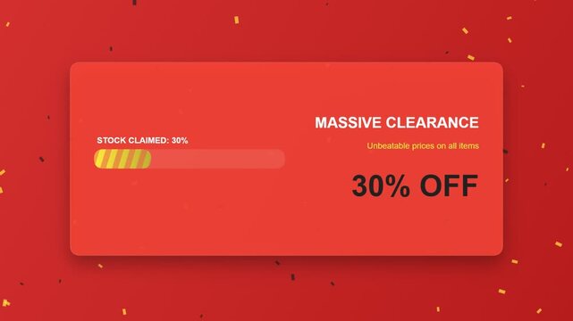 Massive clearance sale banner with thirty percent off discount and progress bar animation