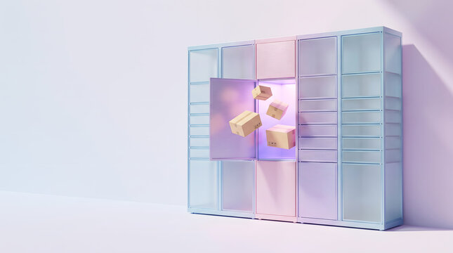 Modern automated parcel locker with packages being delivered in a bright, minimalistic setting