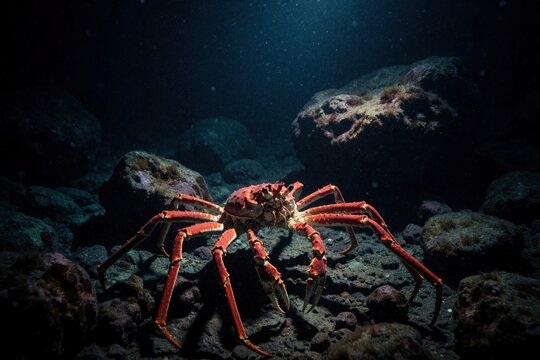 Large red spider crab crawls on dark ocean floor seabed. Aquatic crustacean moves near rocks in deep blue sea water. Wild marine animal explores rocky environment at bottom of dark sea. Natural life