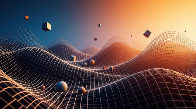 Abstract digital landscape with 3D grid surface, floating geometric shapes. Wavy mesh terrain shows futuristic network structure. Spheres, cubes hover above orange blue gradient background. Modern